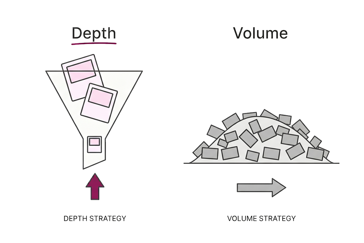 Illustration comparing a deep Shopify blog post funnel against a shallow high-volume content pile