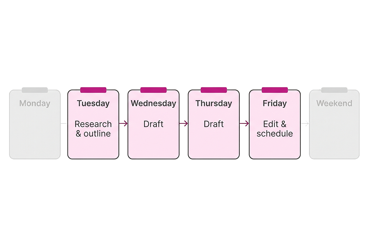 Simple weekly diagram showing Tuesday research, Wednesday-Thursday drafting, Friday editing for Shopify blog SEO