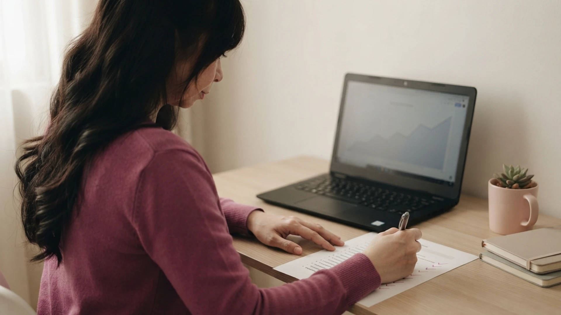 Shopify owner seen from behind at a desk, planning blog SEO with a laptop and a printed outline