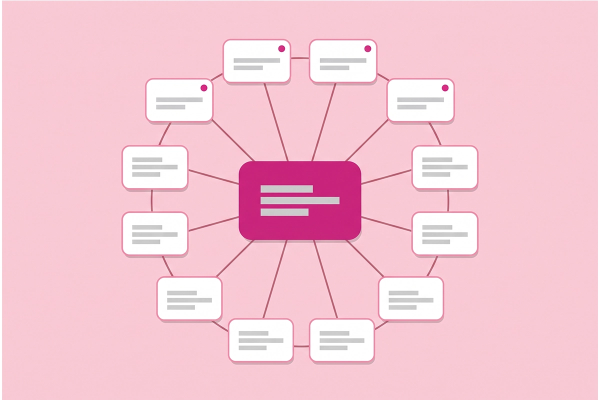 Diagram of a Shopify blog topic cluster: one hub post linked to ten supporting posts