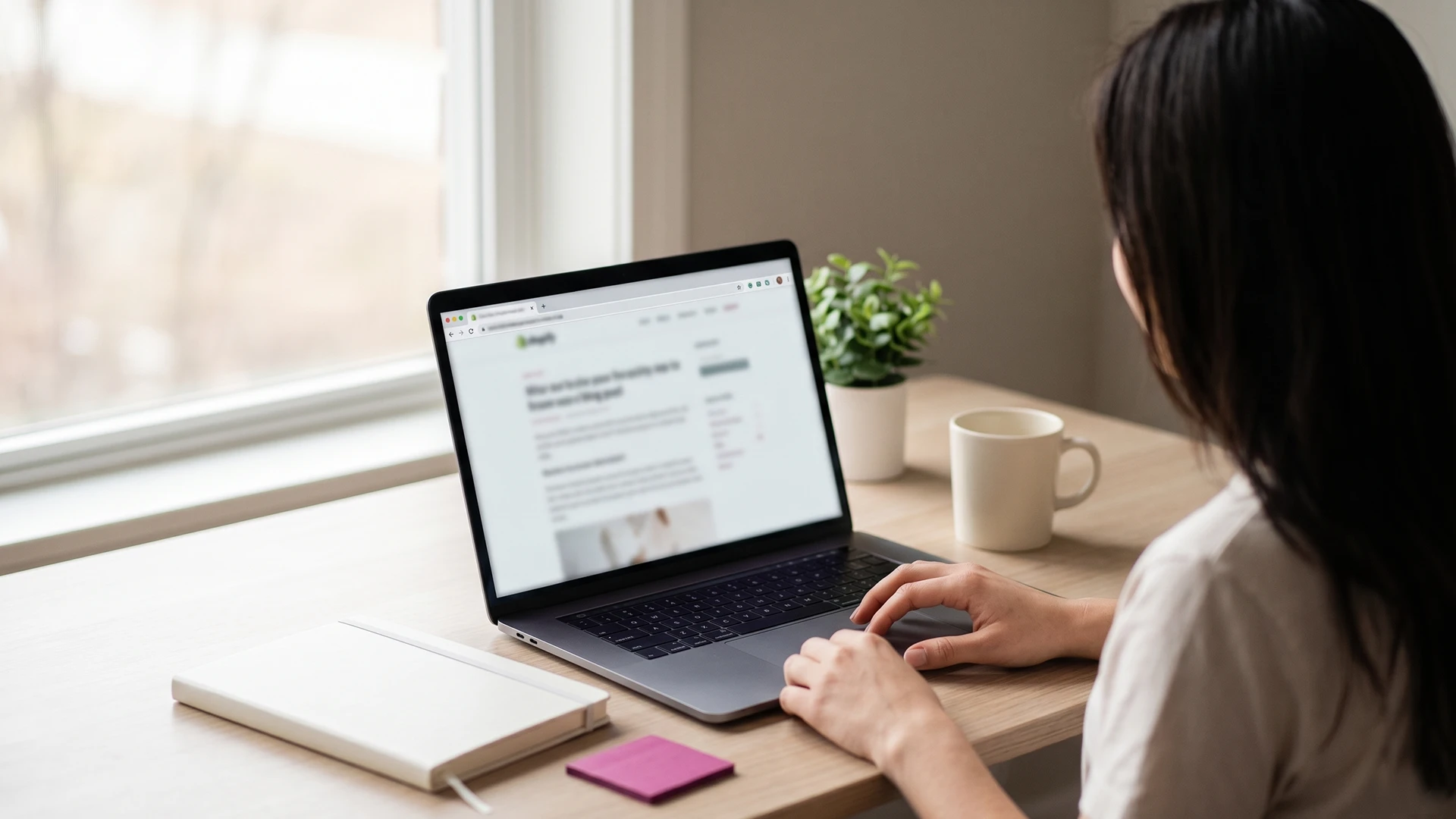 Shopify store owner reviewing a clean blog URL structure on a laptop at a tidy desk