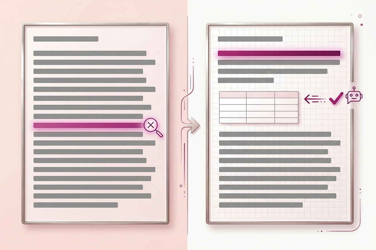 Before and after: buried answer in prose versus answer-first section with a table that AI cites