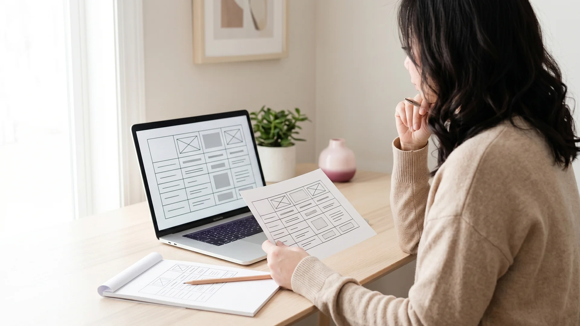 Shopify owner drafting ecommerce buying guide content with a comparison table on a laptop