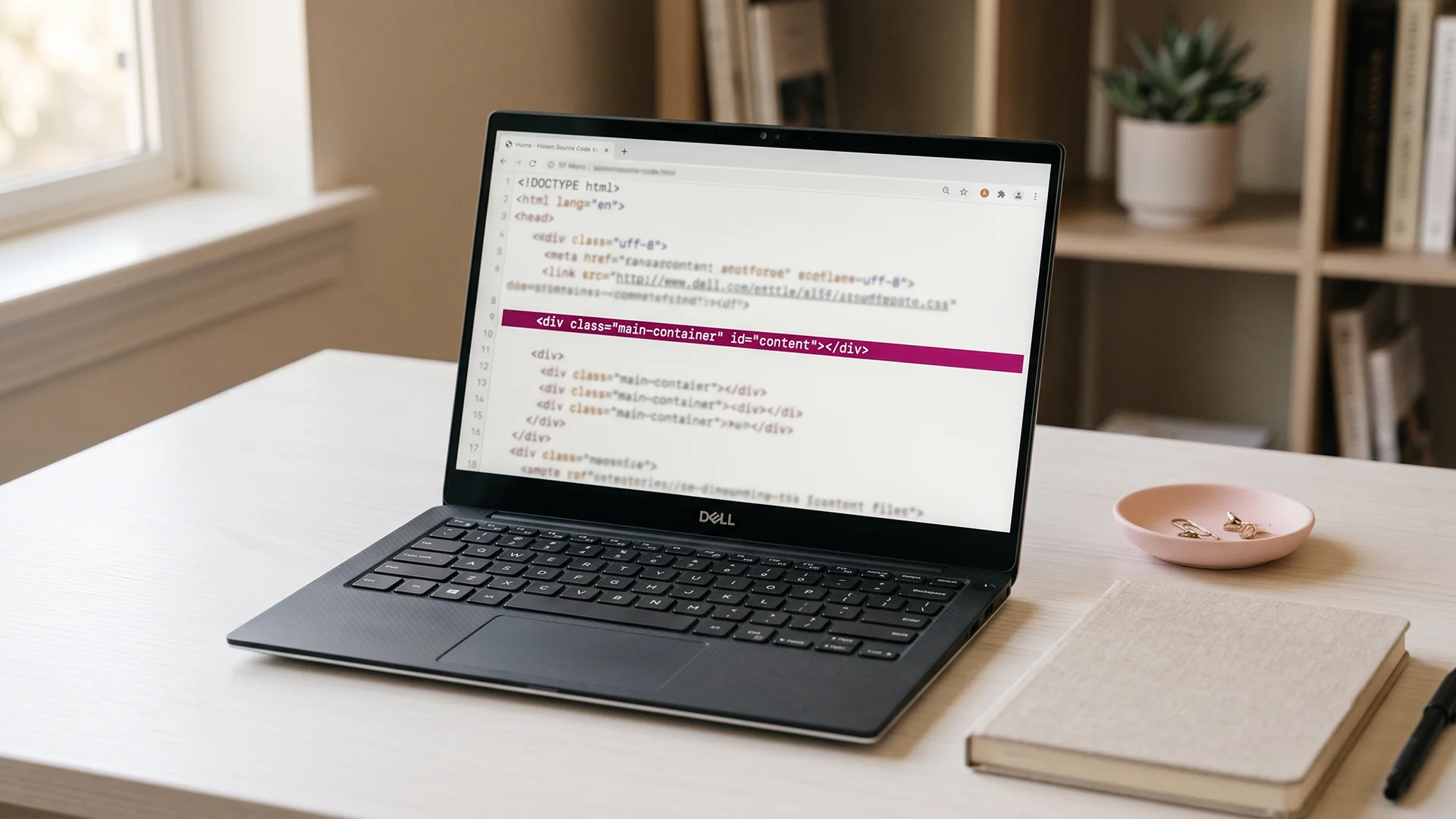 Laptop on a calm desk showing a Shopify page source with the canonical URL line highlighted