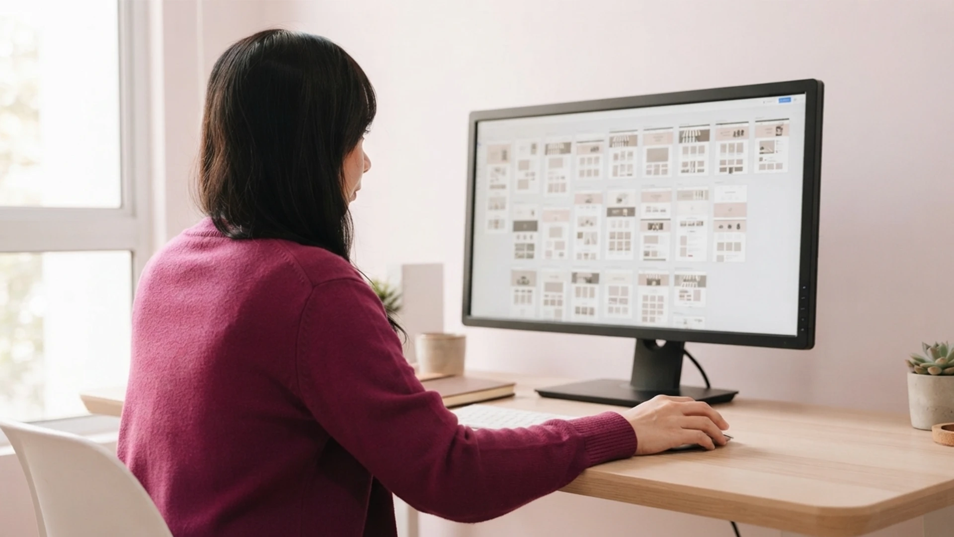 Store owner seen from behind at a desktop monitor reviewing a Shopify Canvas board of page layouts