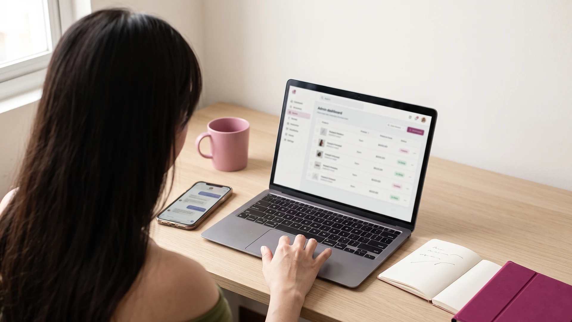 Store owner at a laptop checking Shopify Catalog eligibility settings in the Shopify admin