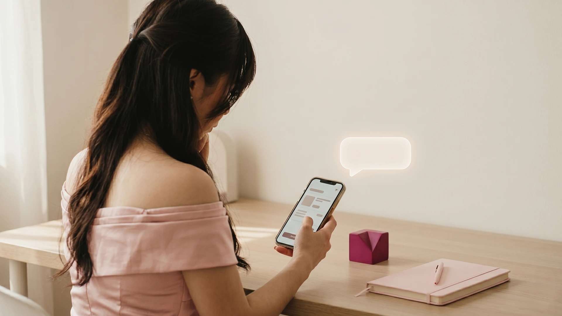 Shopper hesitating at a Shopify mobile checkout as a calm chat assistant offers help