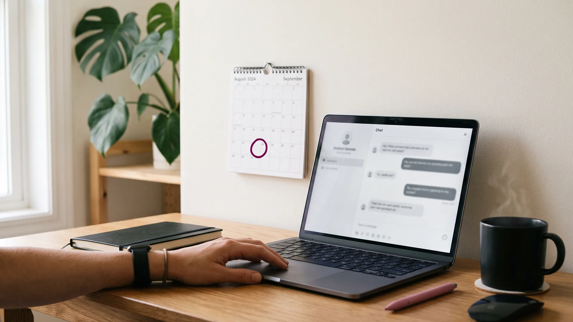 Shopify owner at a desk with a chat window open and a calendar marked for Black Friday