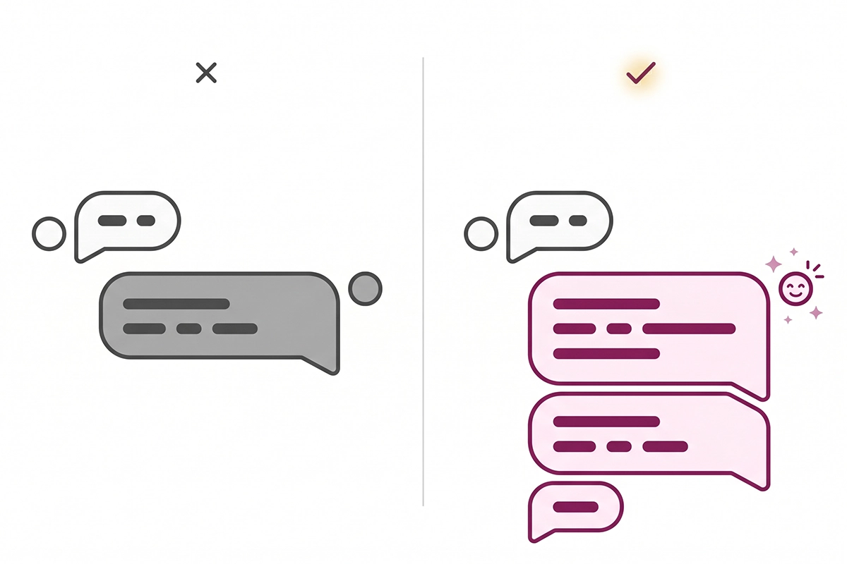 Side-by-side chat replies: a generic default bot answer versus an on-brand answer