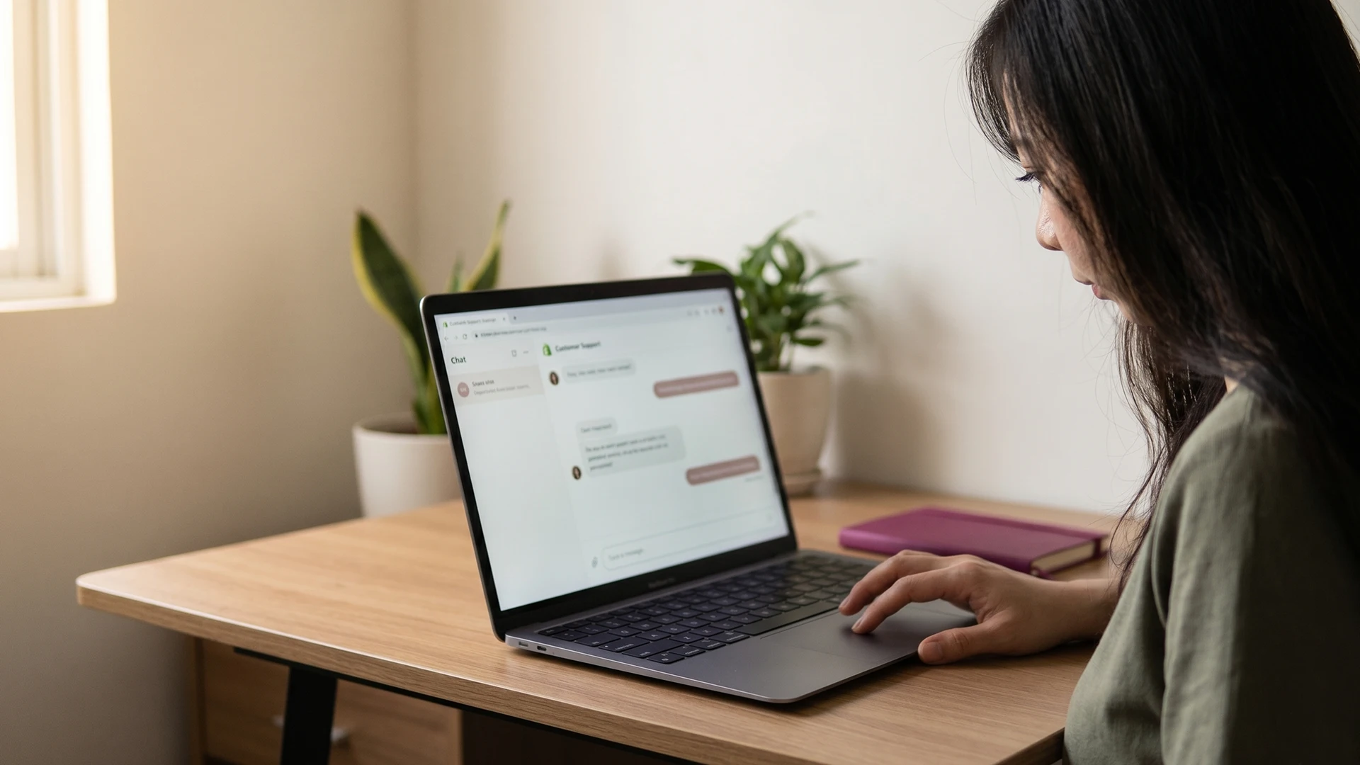Shopify store owner at a laptop reviewing a chatbot's brand voice in a chat window