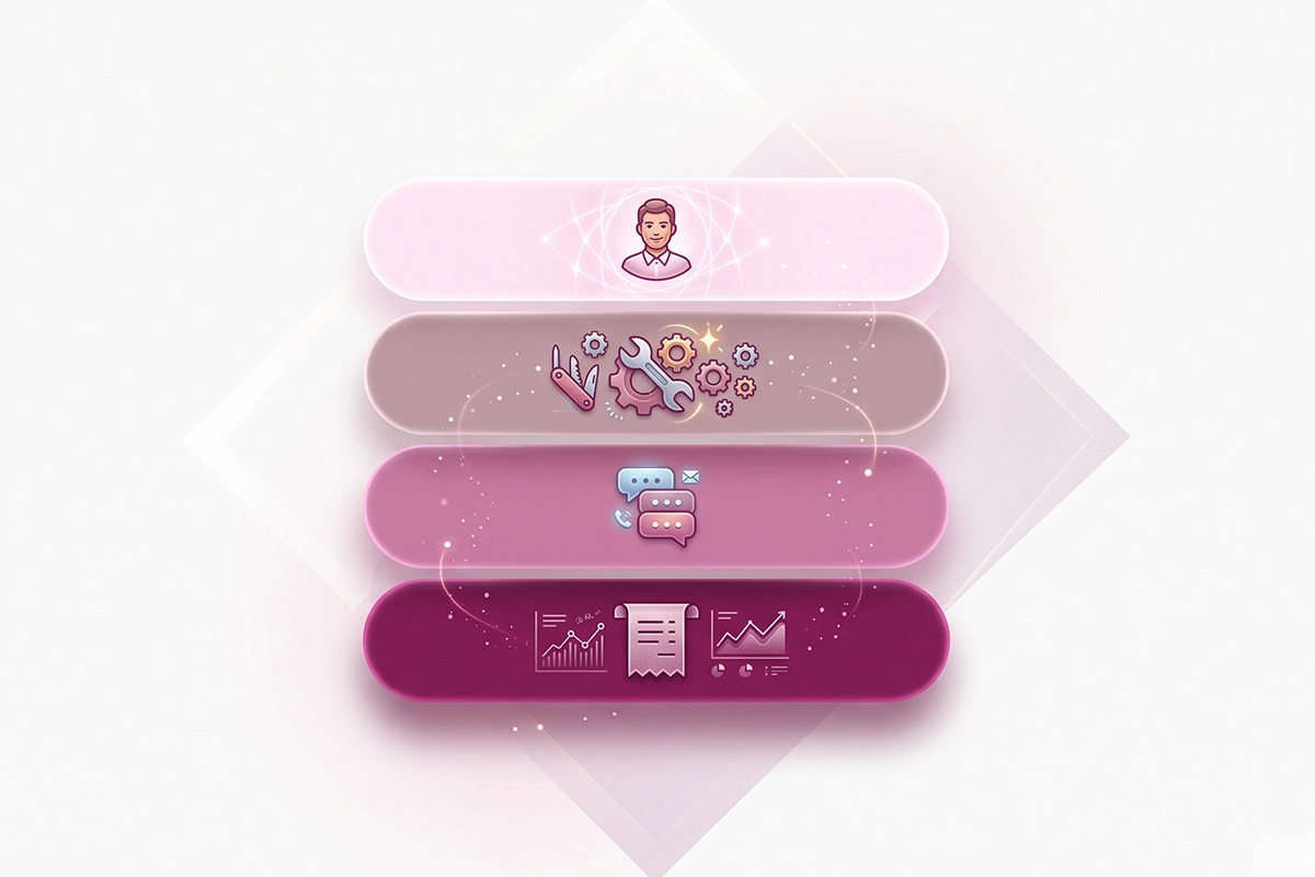 Diagram of the four cost layers of a Shopify chatbot stacked from subscription to human hours