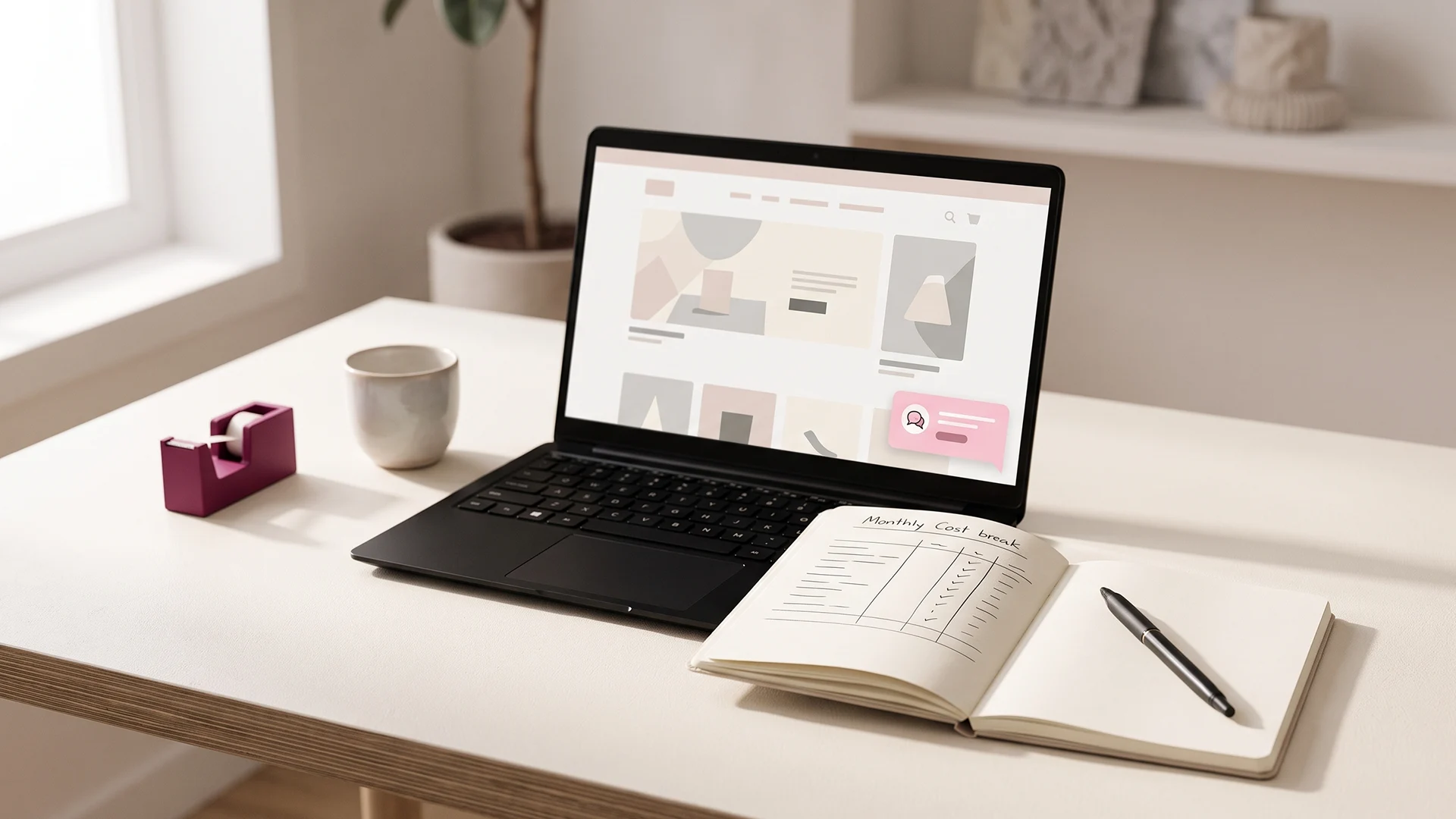 Desk with a laptop showing a Shopify chat widget beside a handwritten monthly cost breakdown