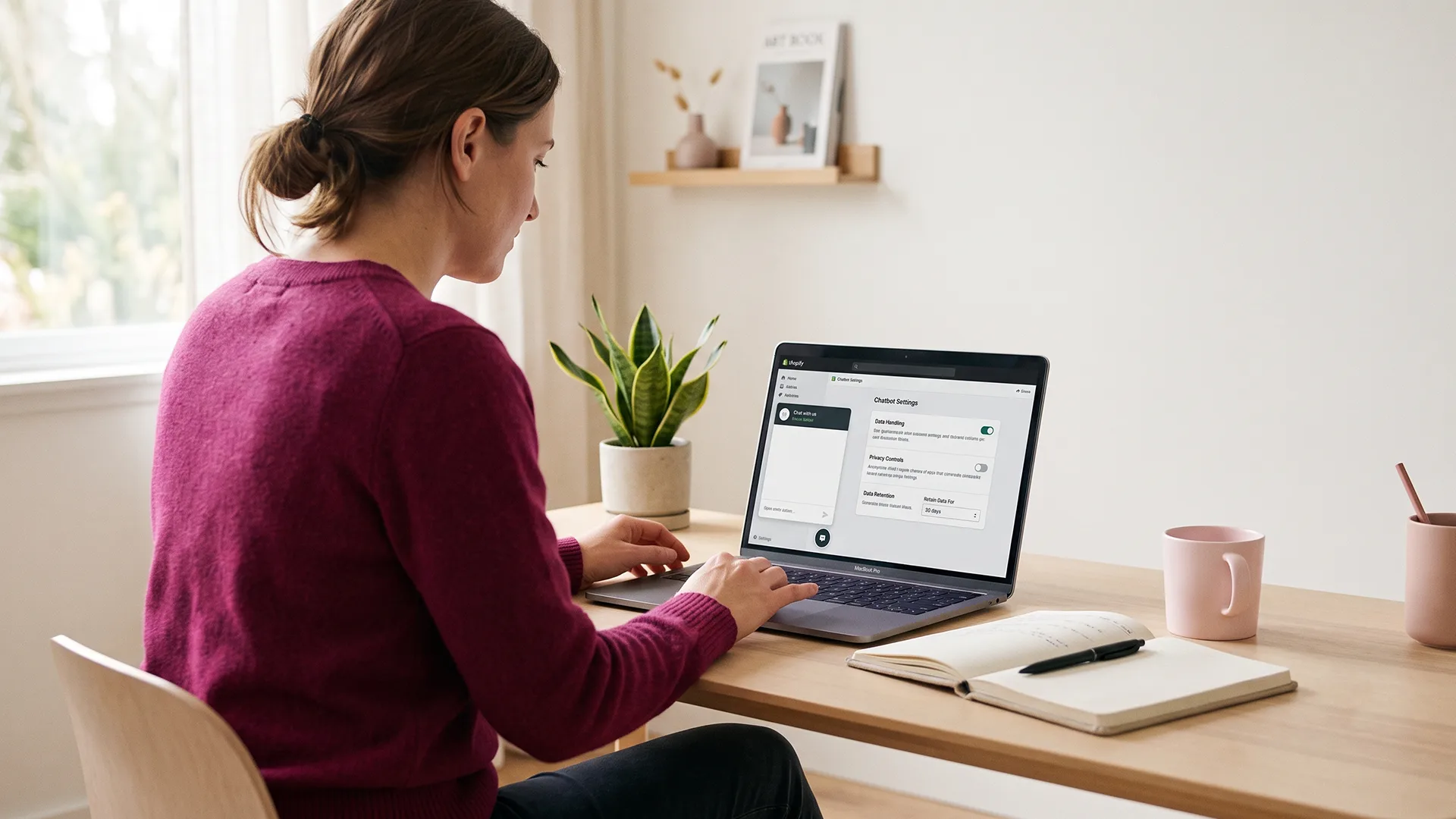 Shopify store owner reviewing chatbot privacy and data settings on a laptop