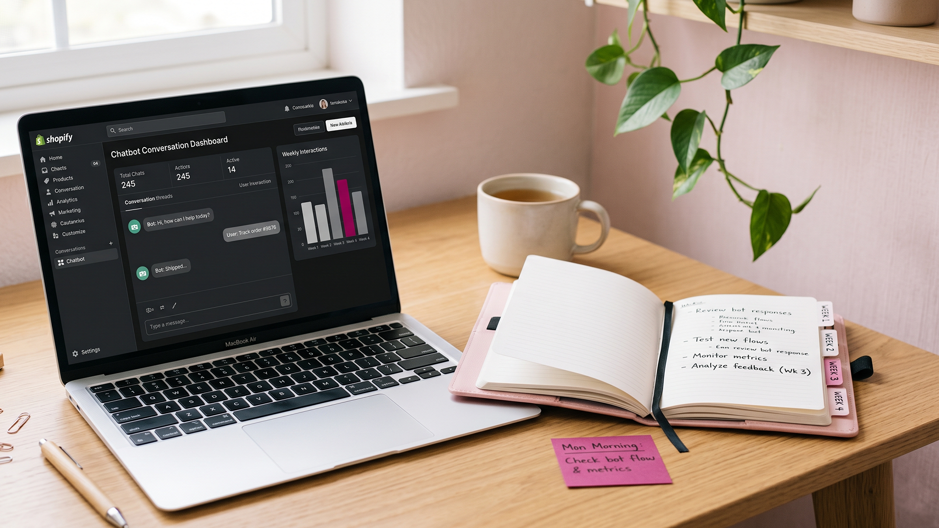 Laptop on a clean desk showing a Shopify chatbot dashboard with weekly tuning notes