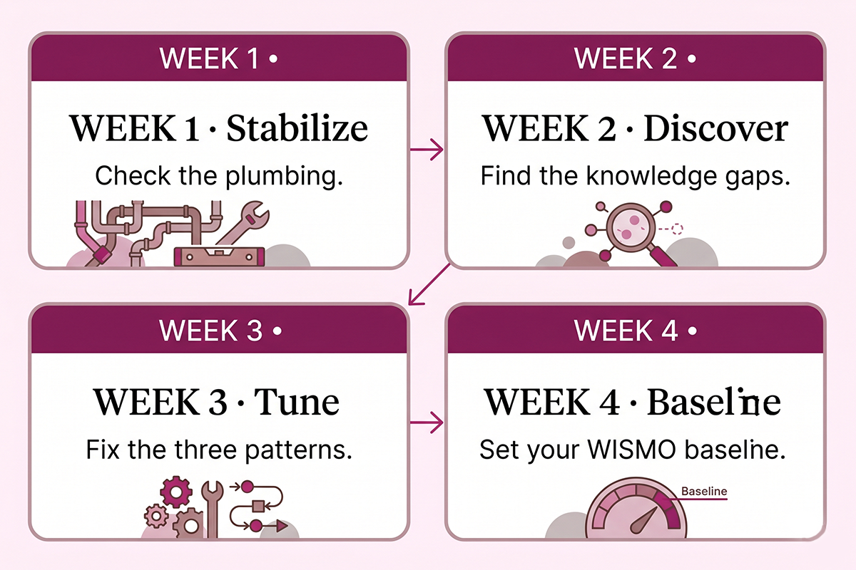 Diagram showing the four phases of Shopify chatbot setup: stabilize, discover, tune, baseline