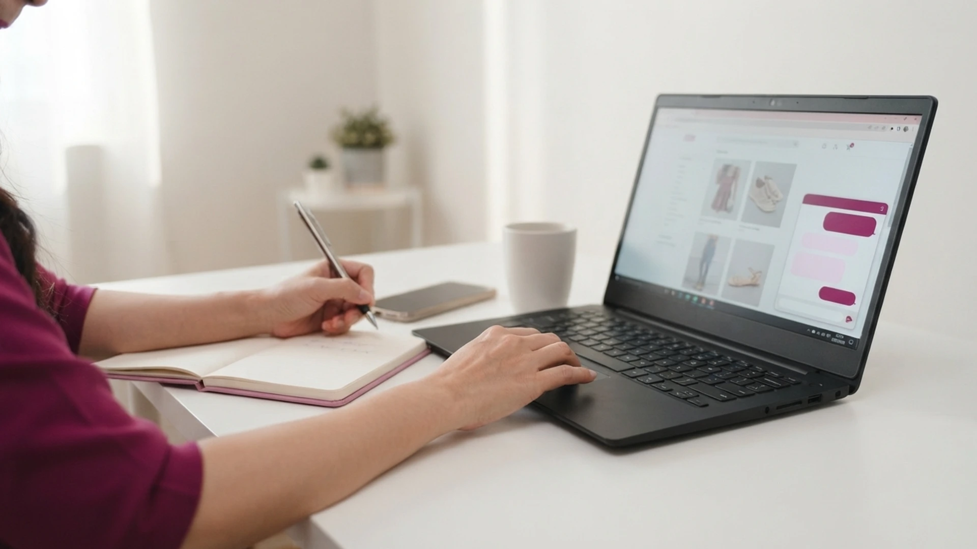 Store owner's hands at a laptop with a chat window open, for the Shopify AI chatbot guide