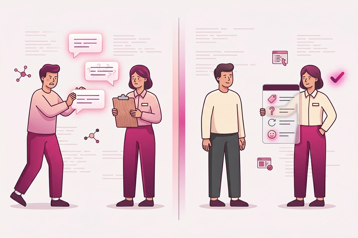 Before and after of a chatbot human handoff with a context summary passed to the agent