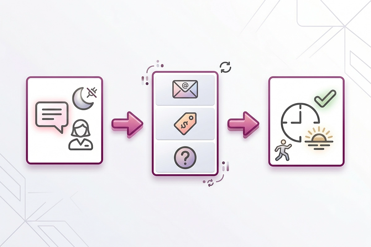Off-hours chatbot fallback capturing email, order, and question, then setting a reply window