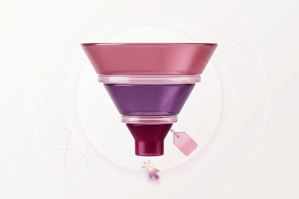 A shrinking funnel from many sessions down to a few assisted sales beside a small price tag
