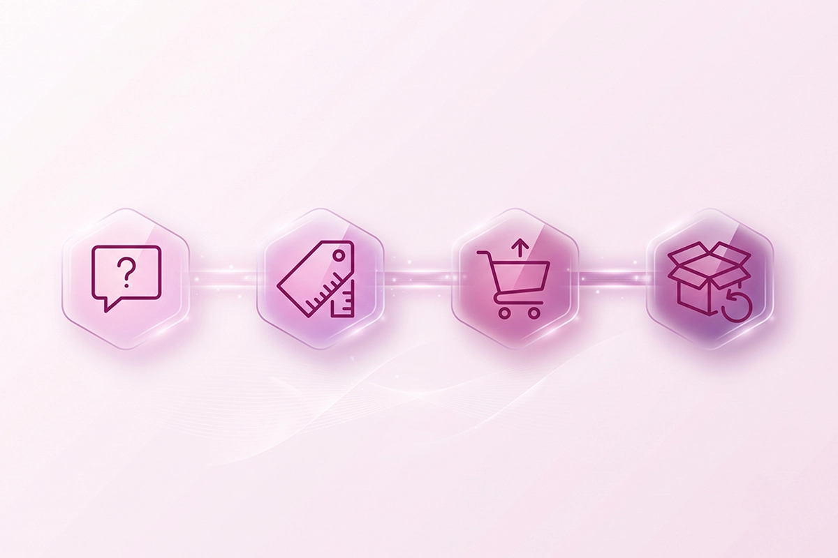 Icon path of four moments a chatbot helps a shopper: a question, fit, a cart, and a return