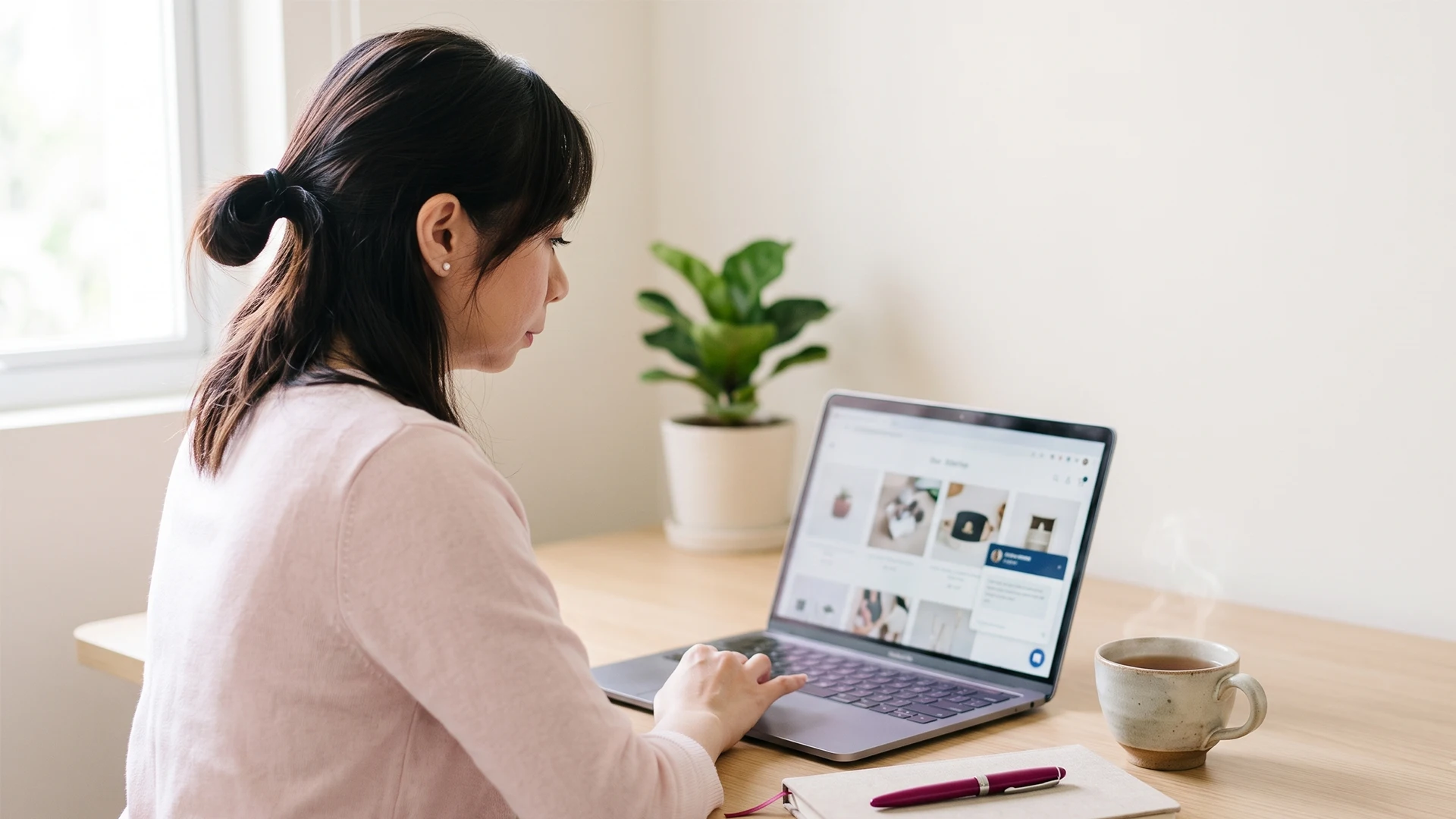 Shopify store owner at a laptop reviewing a live chat widget and sales figures