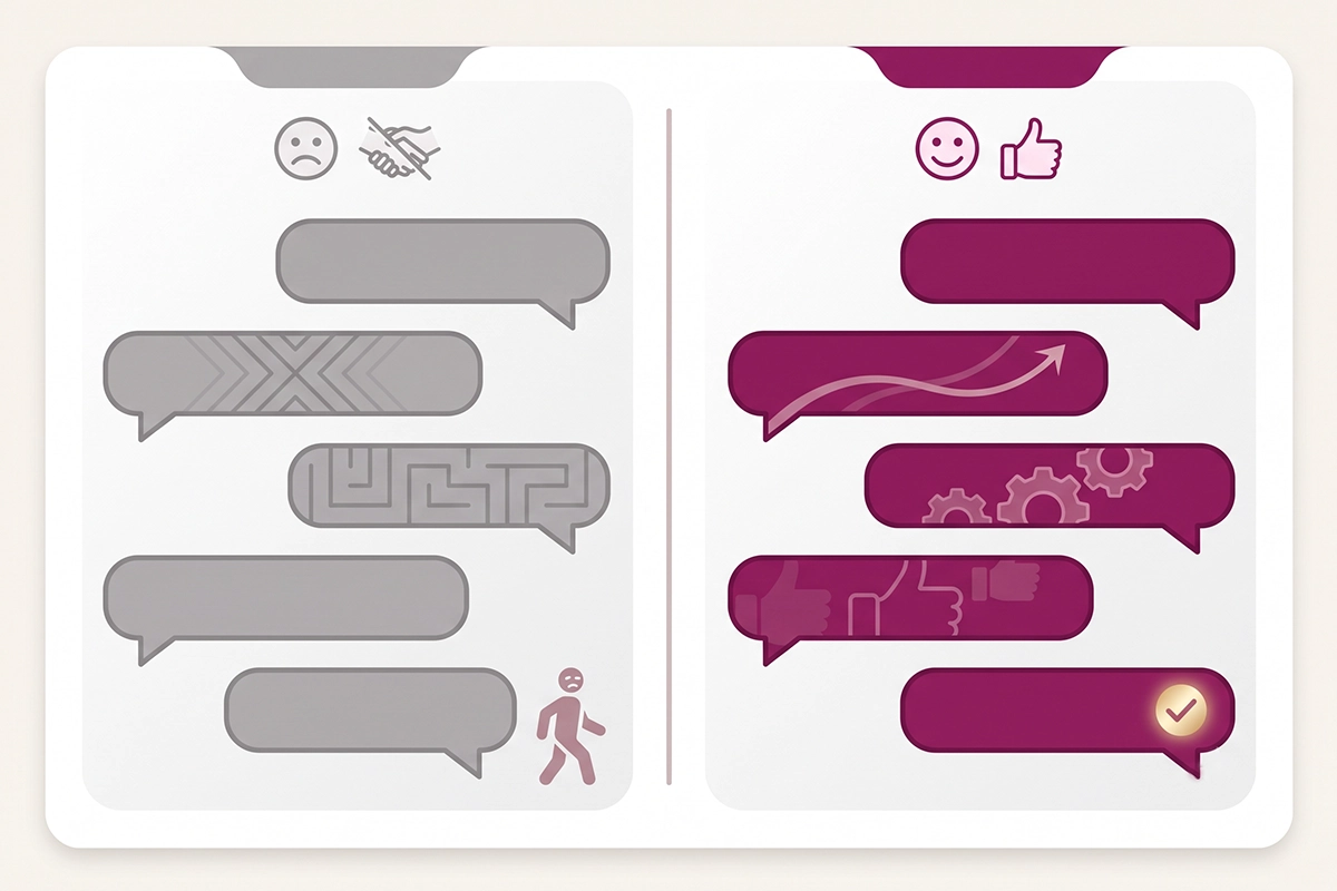 One chat ending with a customer walking away versus one ending resolved, showing deflection is not resolution