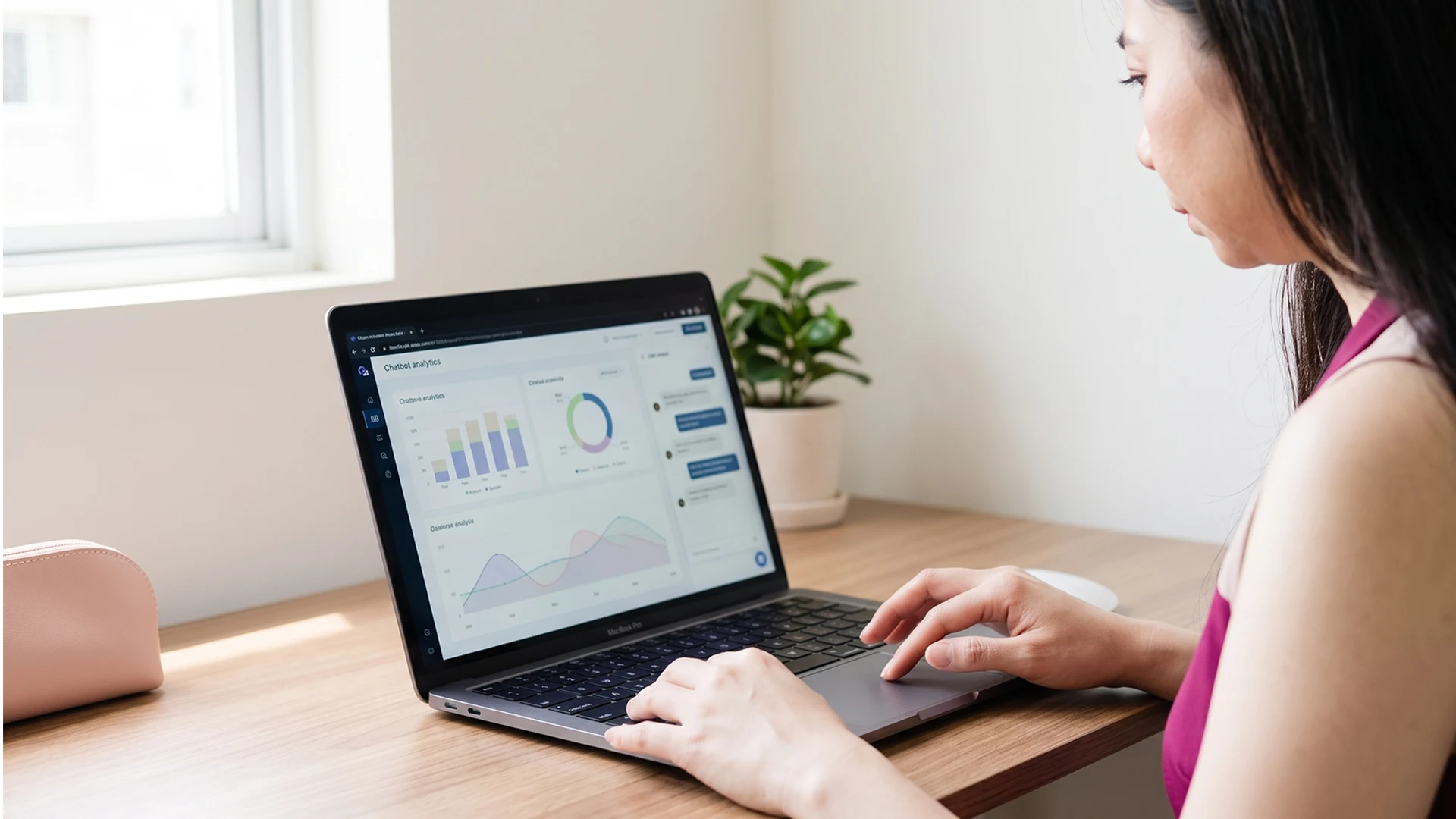 Shopify store owner reviewing chatbot metrics on a laptop analytics dashboard