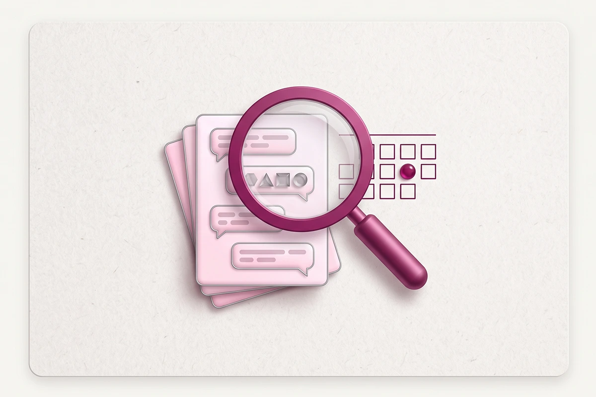 Weekly review of chatbot transcripts shown as a magnifying glass over chat bubbles with one calendar day marked