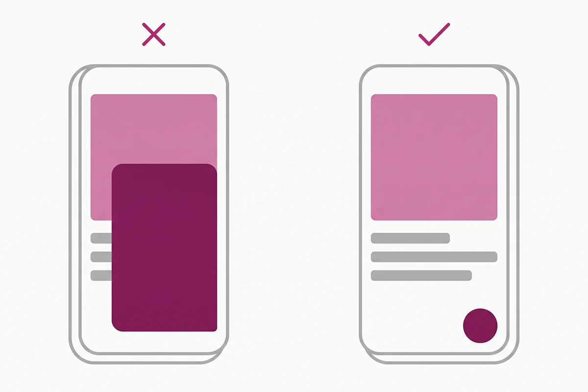 Two phone screens comparing a chat panel covering a product with a small resting chat button