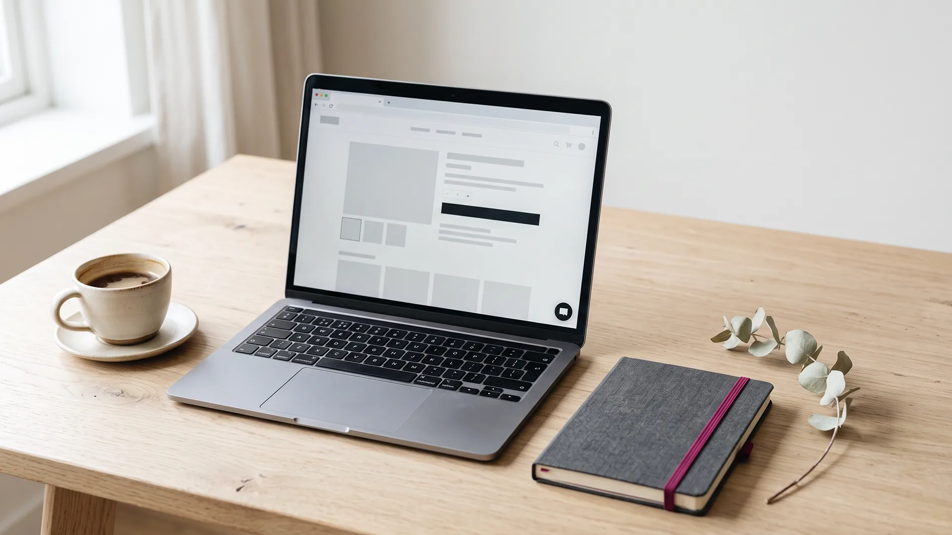 Laptop on a desk showing a Shopify product page with a small unused chat widget in the corner