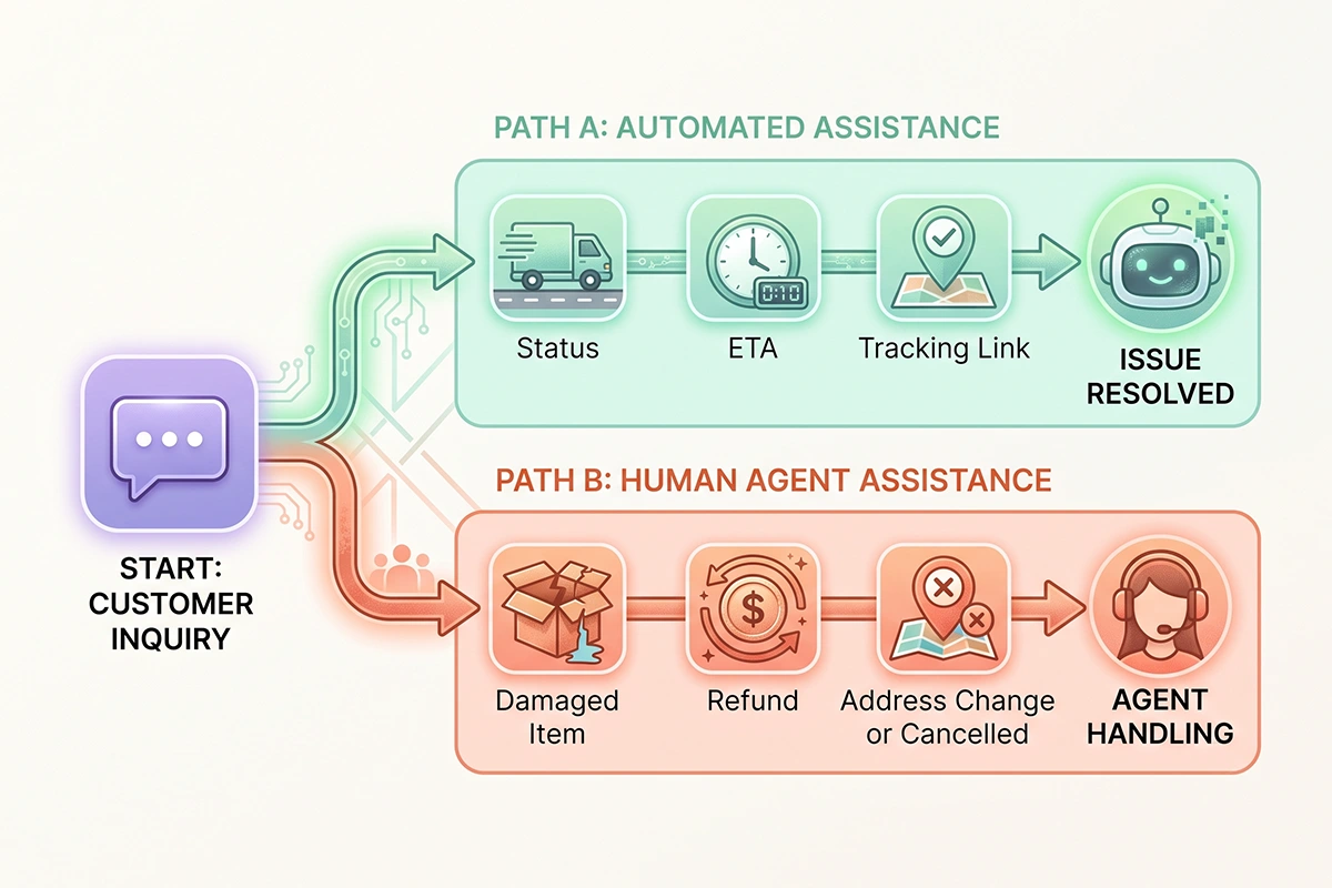 Split path: bot answers status and tracking, human takes lost, damaged, and refund cases