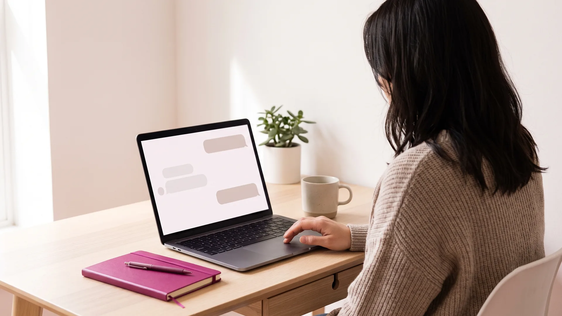 Solo Shopify owner at a laptop calmly reviewing an order-status chat instead of a full inbox