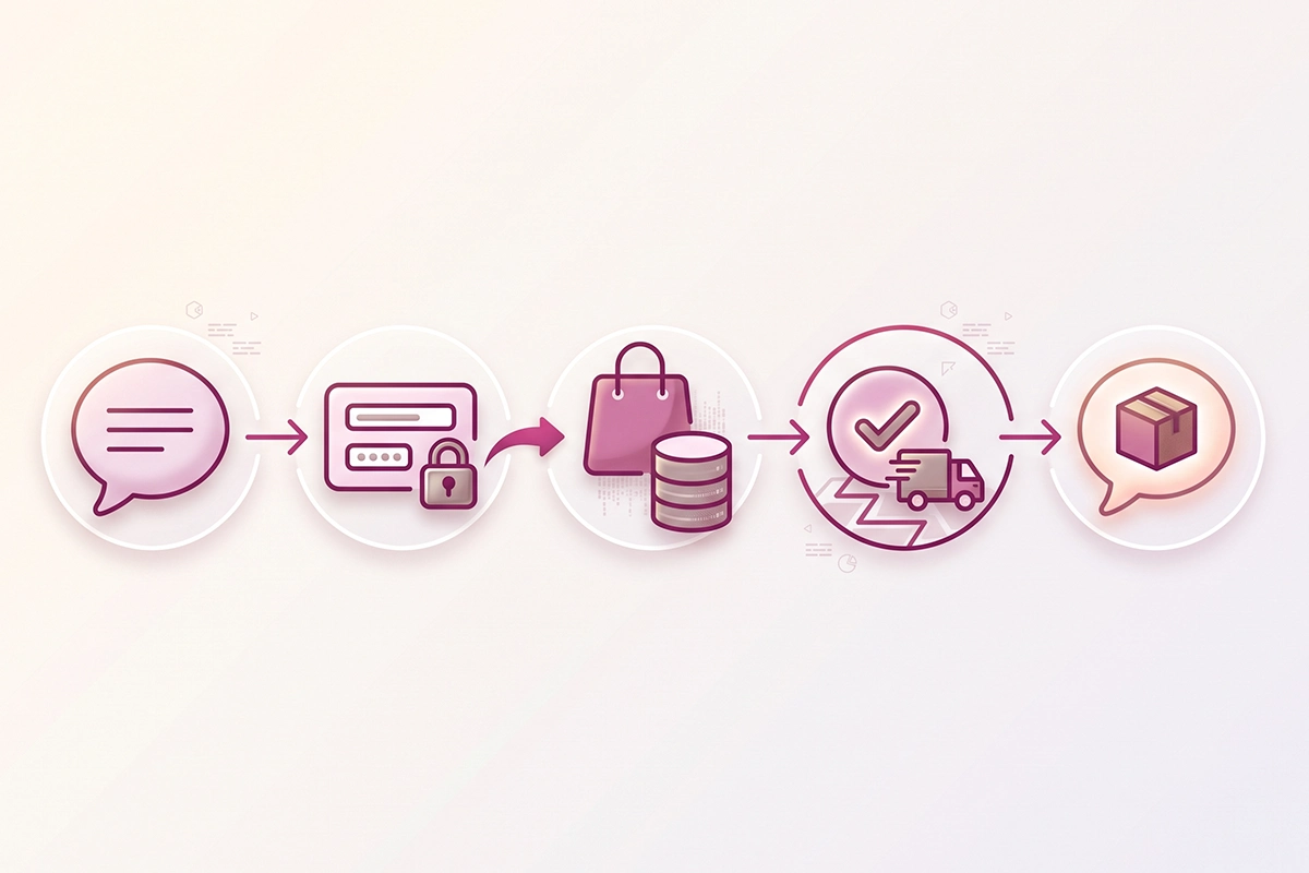 Flow of a chatbot order lookup: question, verify, read Shopify order, return status to customer