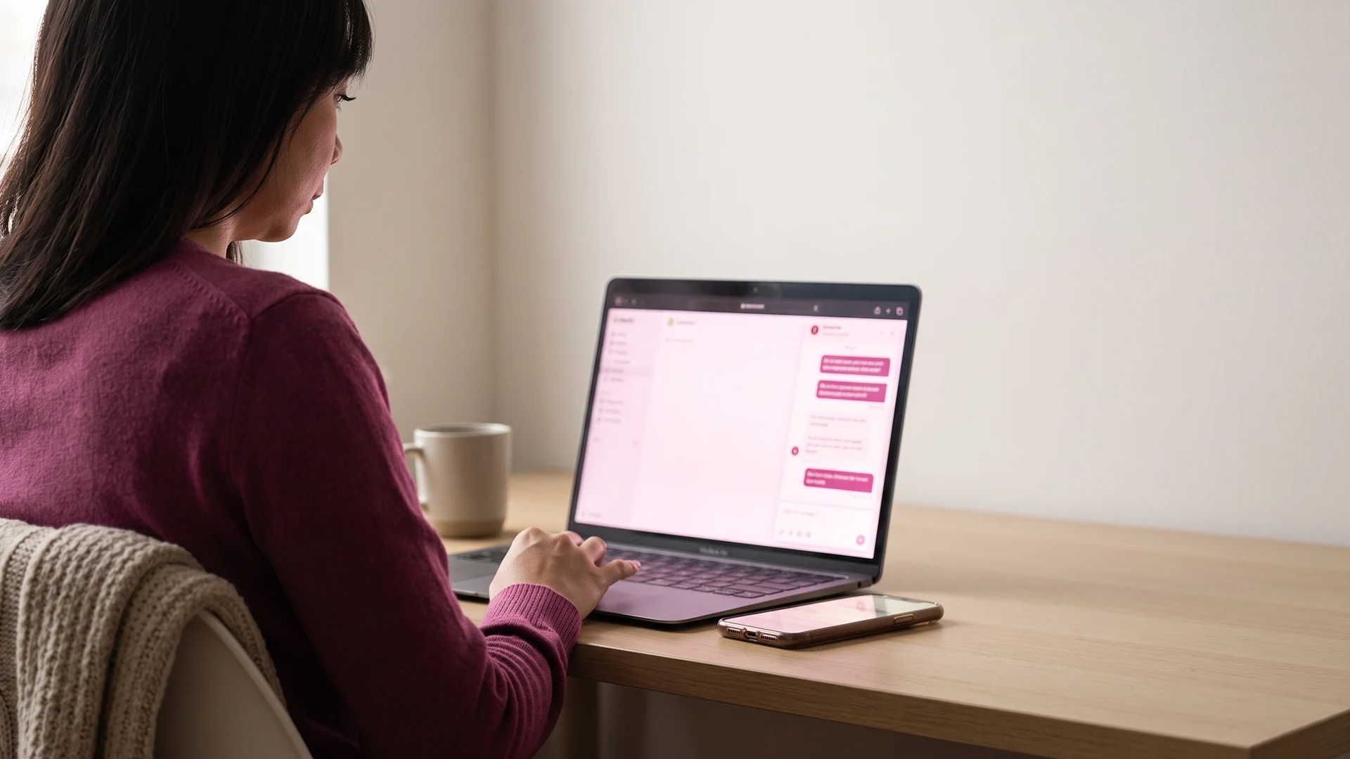 Shopify owner at a laptop reading a pre-purchase chatbot conversation on screen