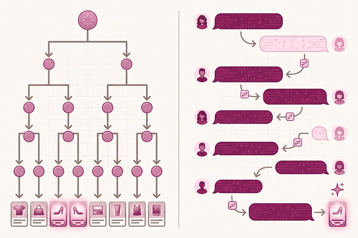Side by side of a fixed quiz branching tree and an adaptive chatbot conversation