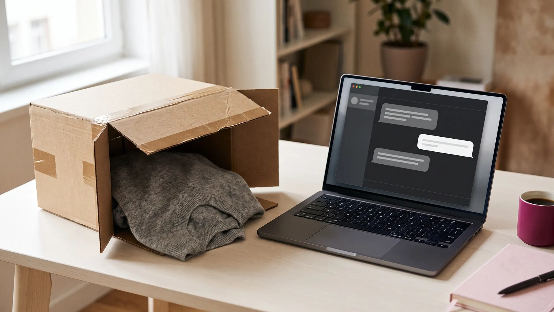 Opened return parcel beside a laptop showing a Shopify chatbot handling a refund question