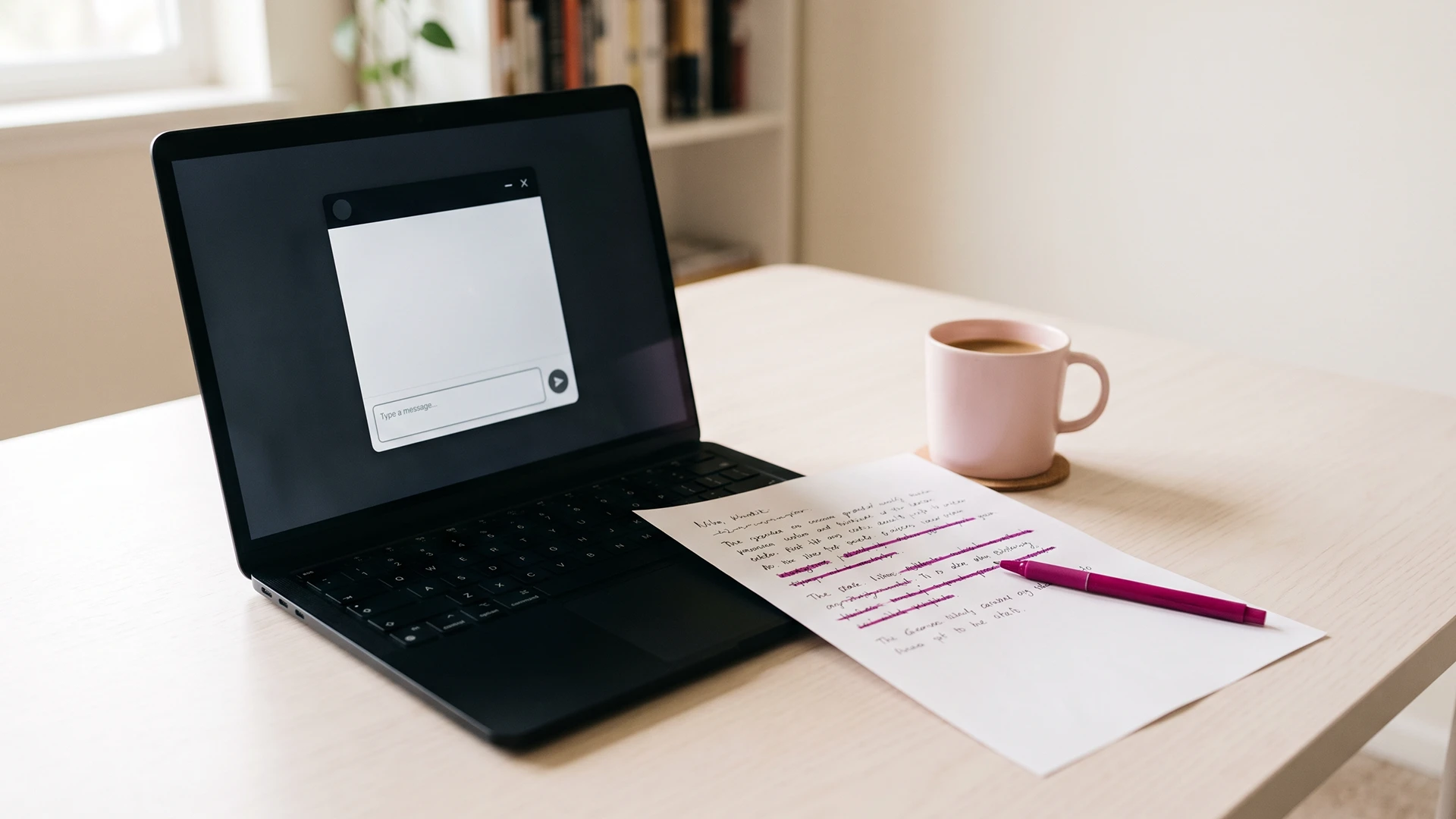 Desk with a laptop showing a chat widget composer and handwritten chatbot scripts on paper