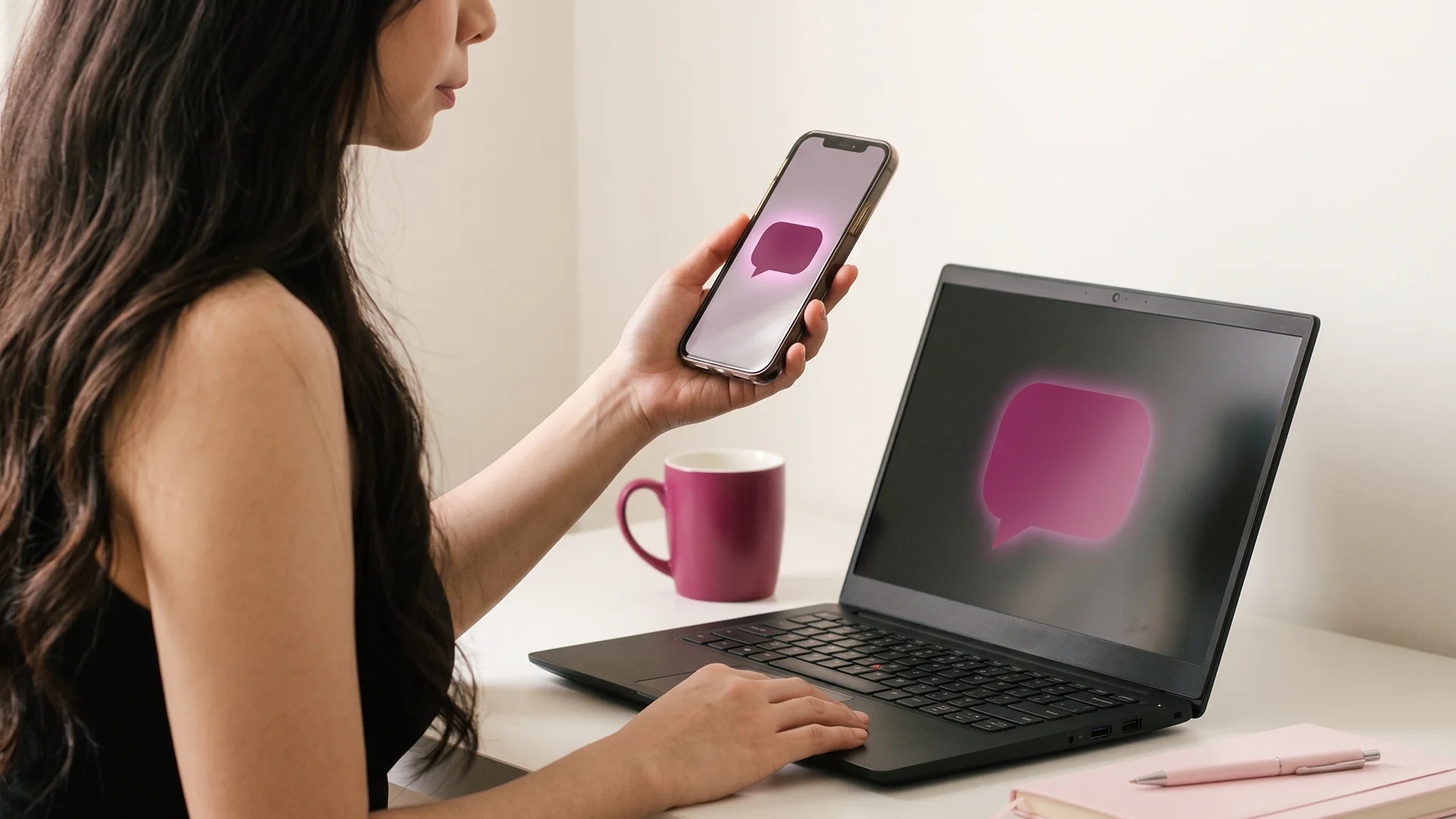 Store owner testing a Shopify chatbot on a phone beside an open laptop at a desk