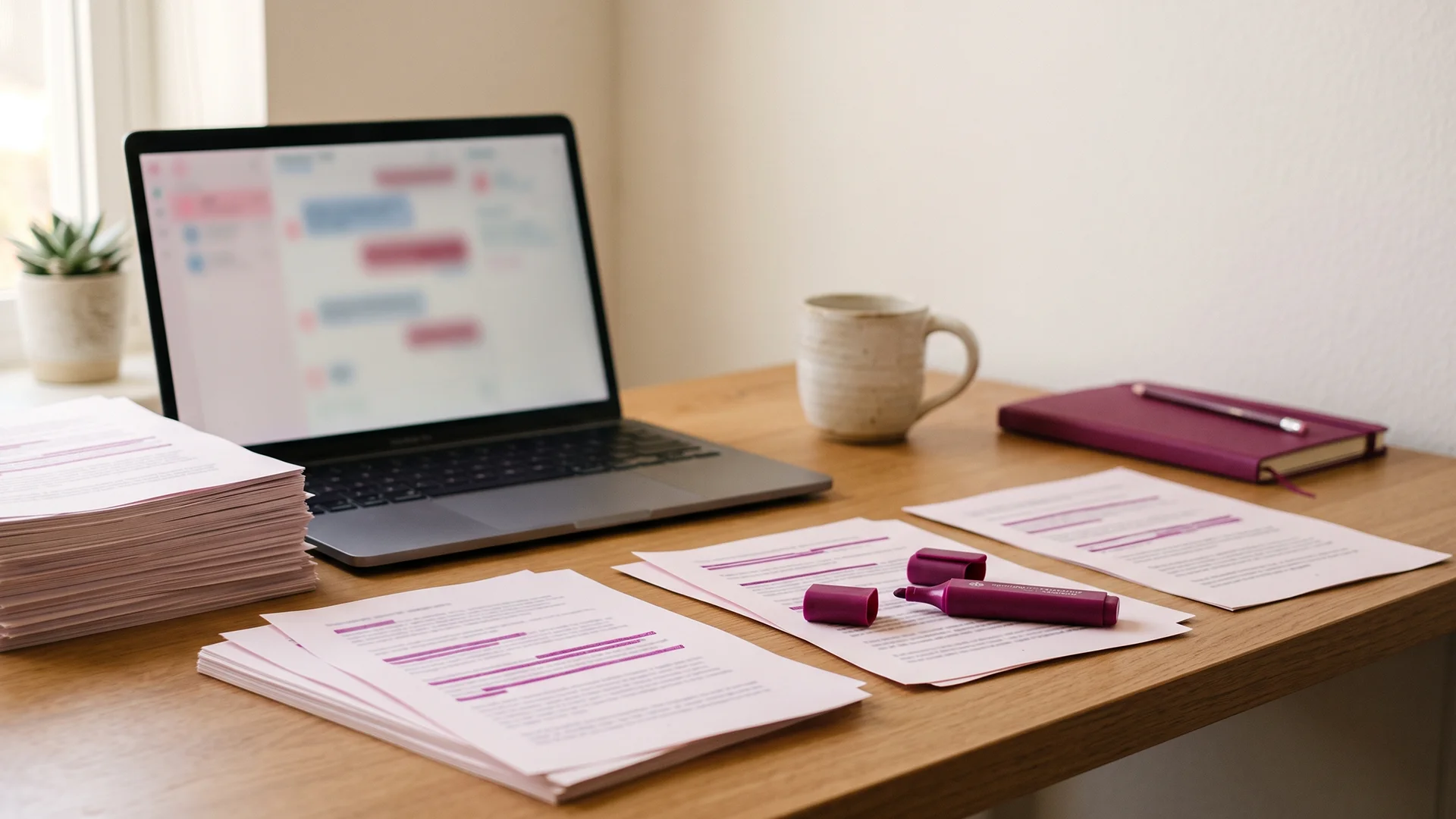 Desk with a laptop showing chat threads beside printed chatbot transcripts marked with highlighter