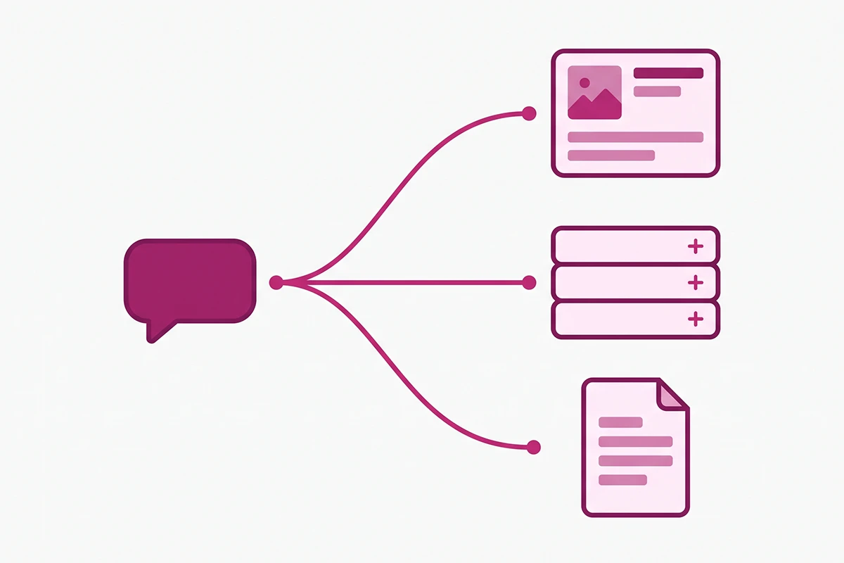 Diagram showing one chatbot question routed into a product page edit, an FAQ entry, and a blog post