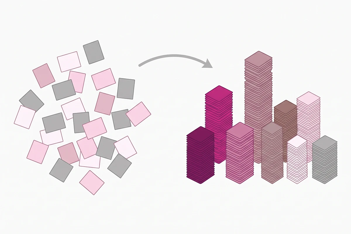 Illustration of scattered chat transcripts sorted into seven color-coded tag stacks