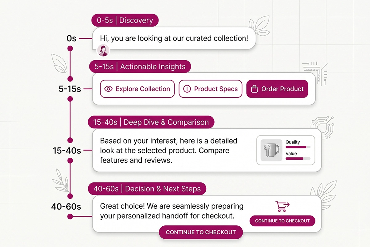 Diagram of the four-message Shopify chatbot welcome flow with timestamps from 0 to 60 seconds