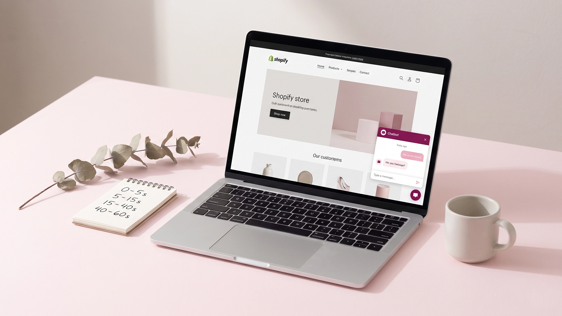 Soft pink desk with laptop showing a Shopify storefront and a chatbot welcome conversation