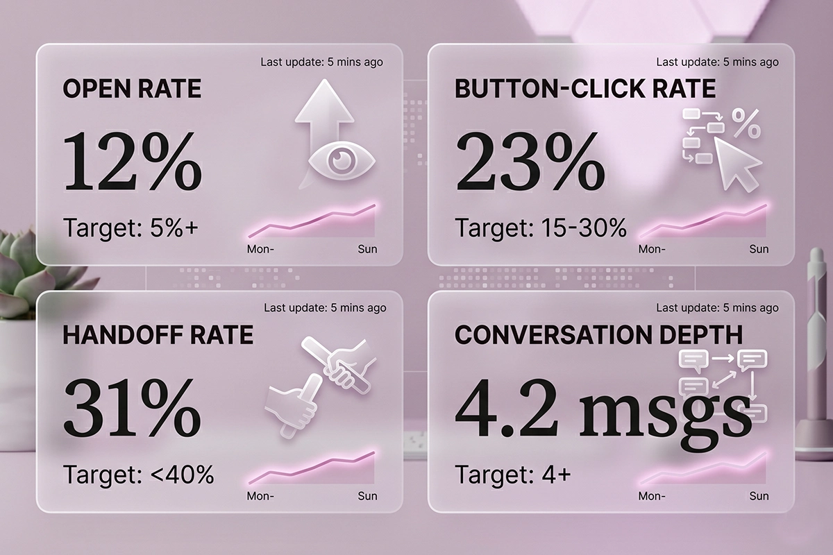 Simple dashboard mockup showing four chatbot KPIs: open rate, click-through rate, handoff rate, conversation depth