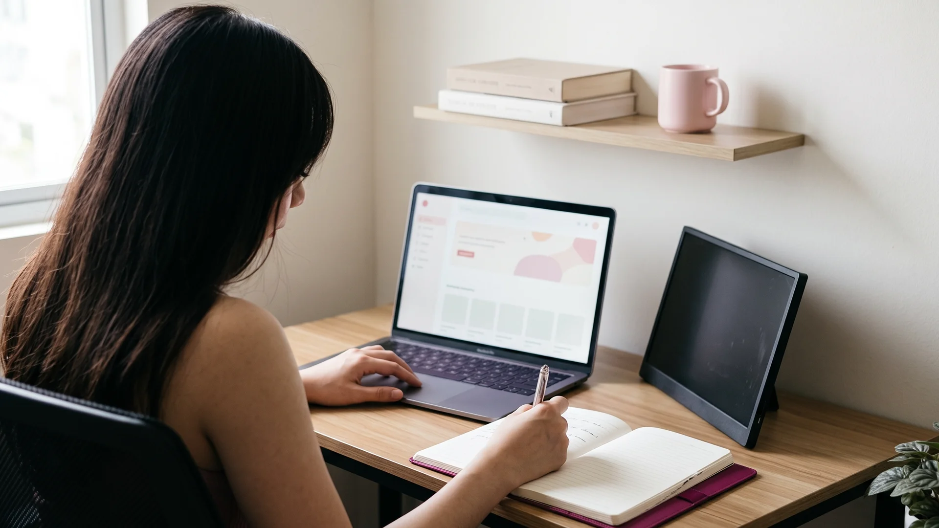 Shopify store owner writing a collection description at a laptop, seen from behind