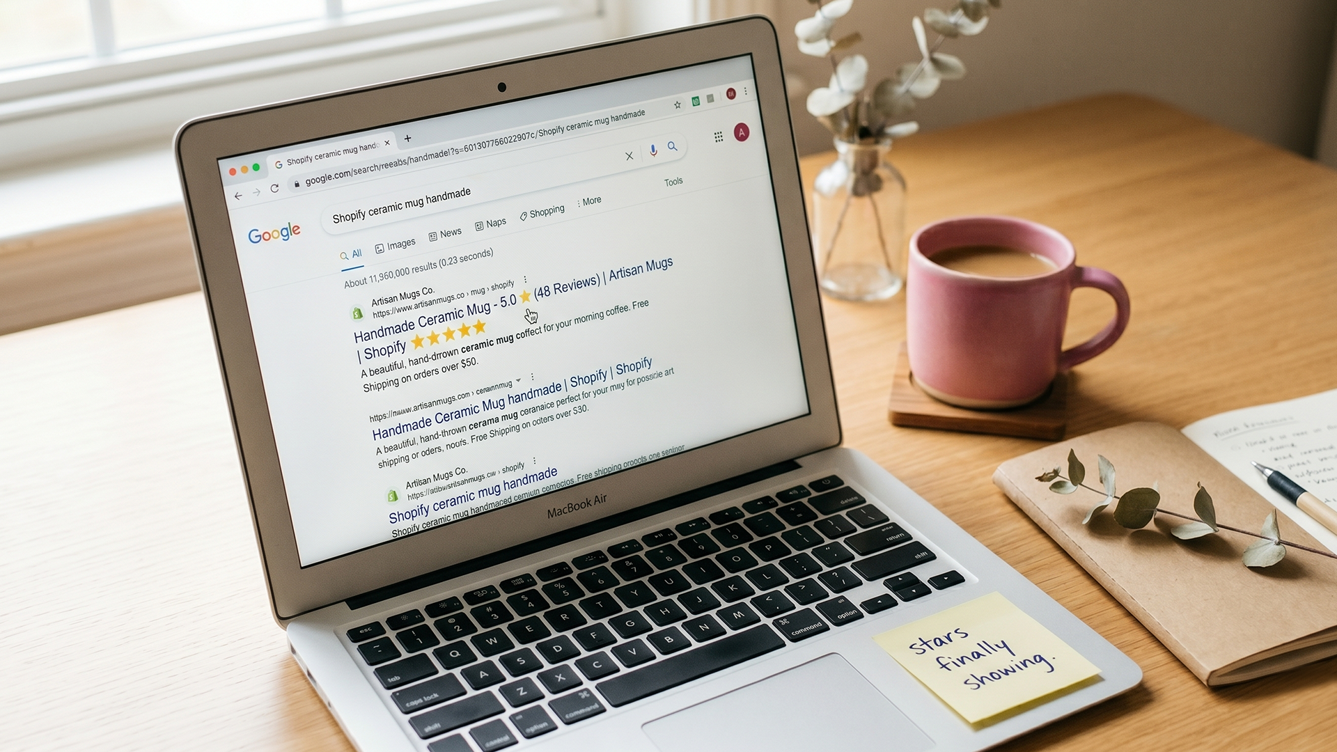 Shopify admin showing a collection page description being written, with calm magenta accents