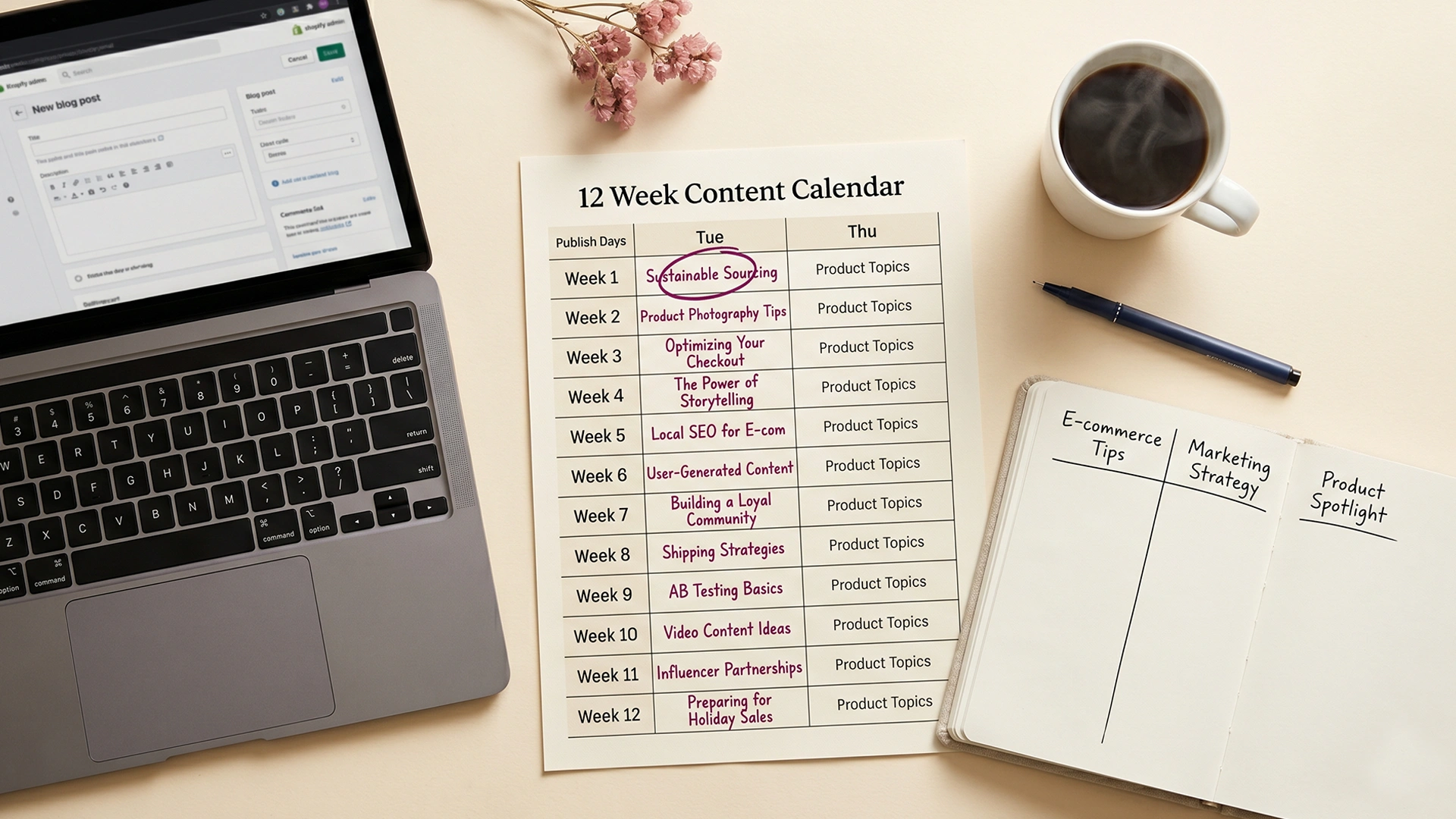 Overhead desk view with a printed 90-day Shopify content calendar, laptop, and notebook