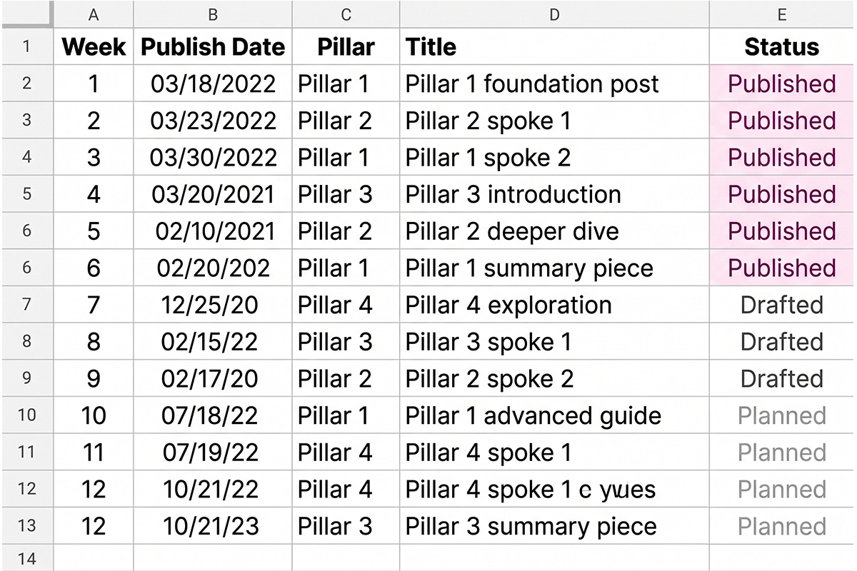 Spreadsheet view of the 12-week Shopify content calendar with weekly pillar and spoke assignments