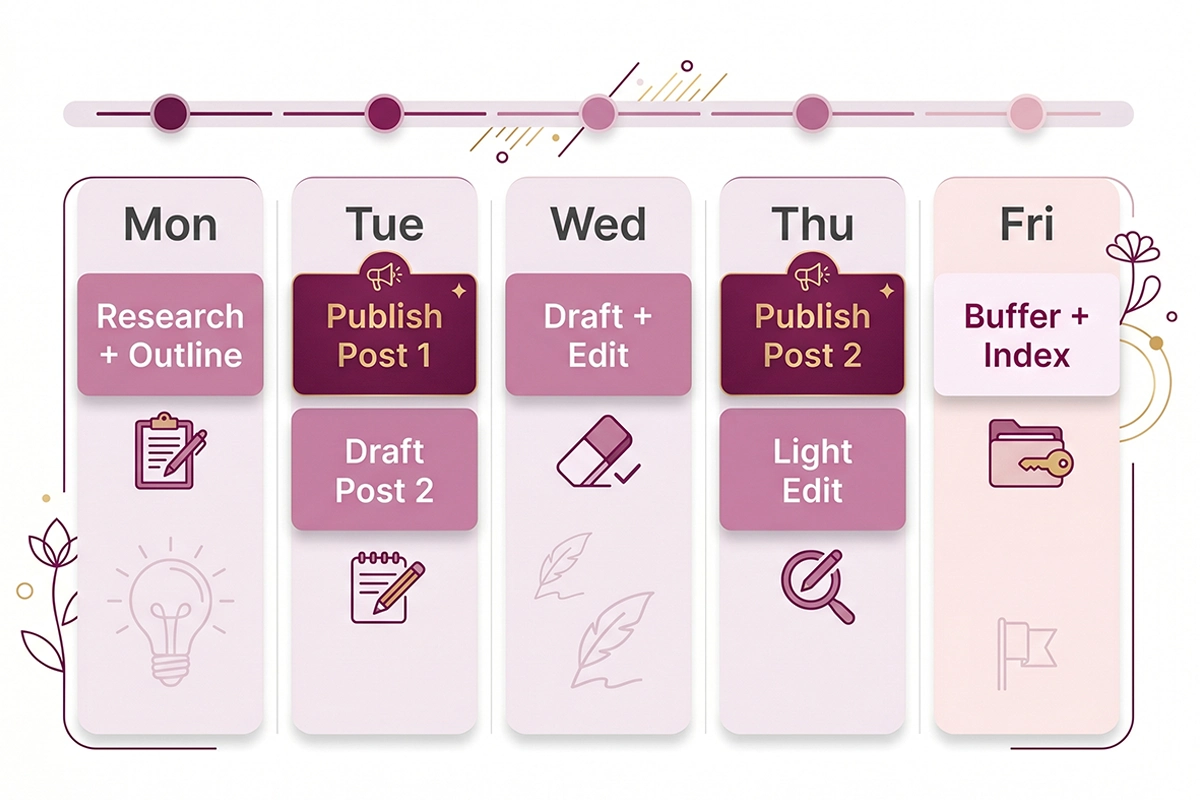 Weekly Shopify content calendar rhythm showing research, draft, edit, and publish blocks across the week