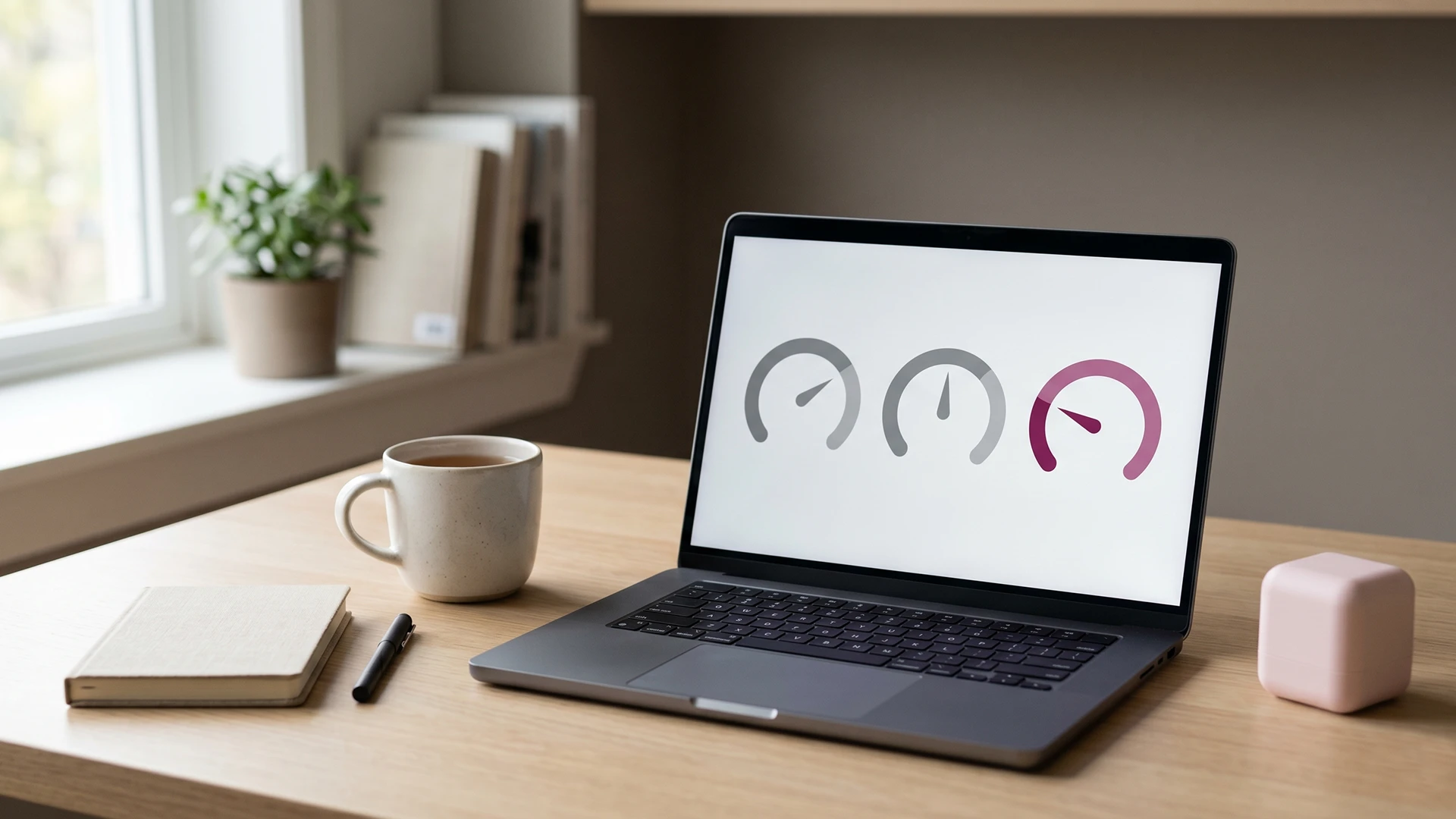 Laptop on a calm desk showing a Shopify Core Web Vitals report with a slow INP score